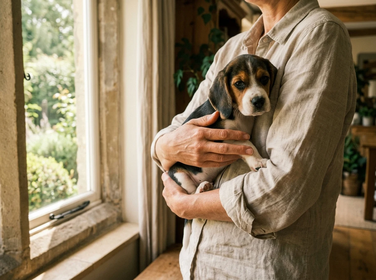 A breeder gently holding a beagle puppy