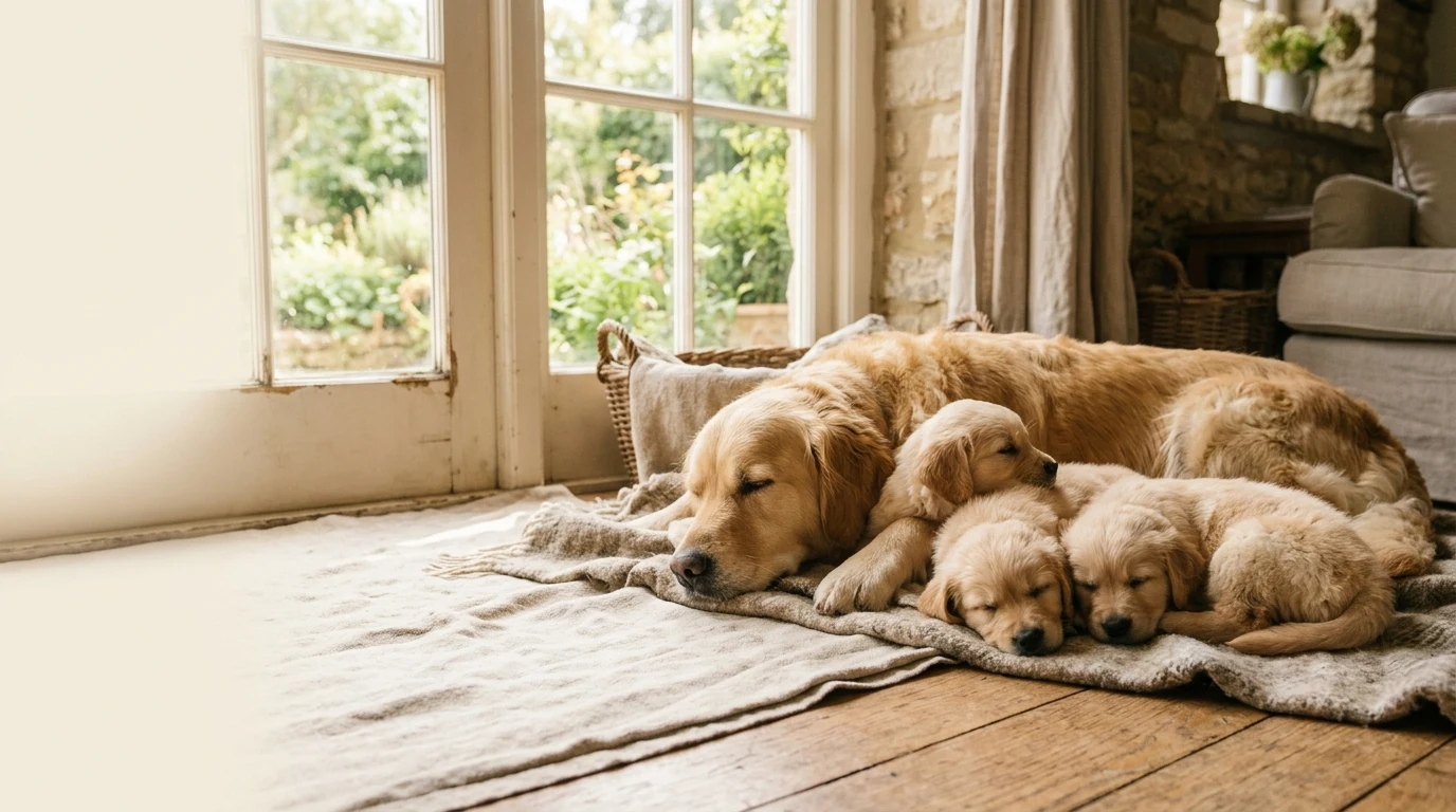 A golden retriever resting with her puppies in a sunlit home